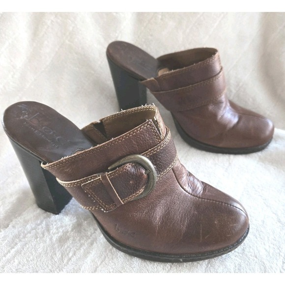 B.O.C. Born Concept Brown High Chunk Heel Leather Cushioned SlipOn Mule Shoes S7 - Picture 1 of 12